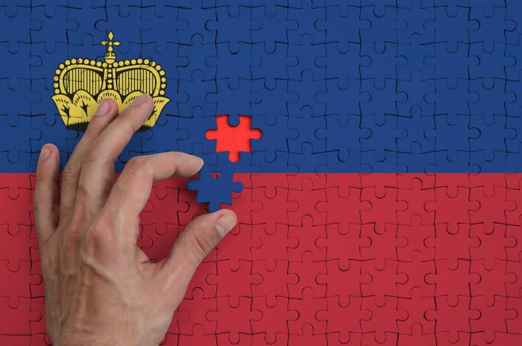 Liechtenstein flag is depicted on a puzzle, which the man's hand completes to fold.